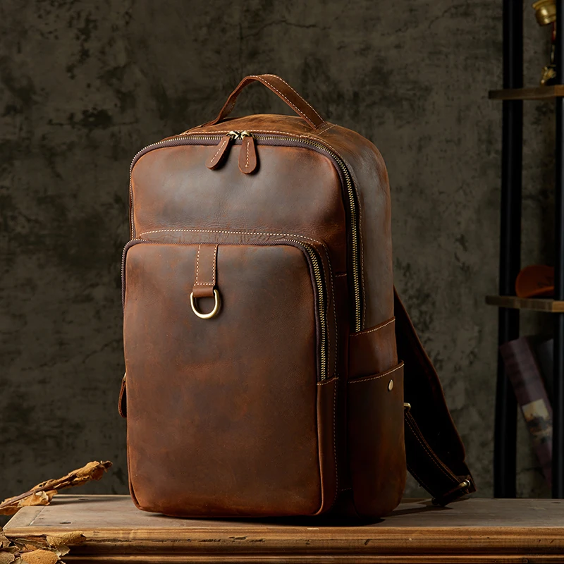 Handmade Vintage Genuine Leather Backpack Casual Large Capacity Retro Cowhide Leather School Bag Men Travel Camping Rucksack