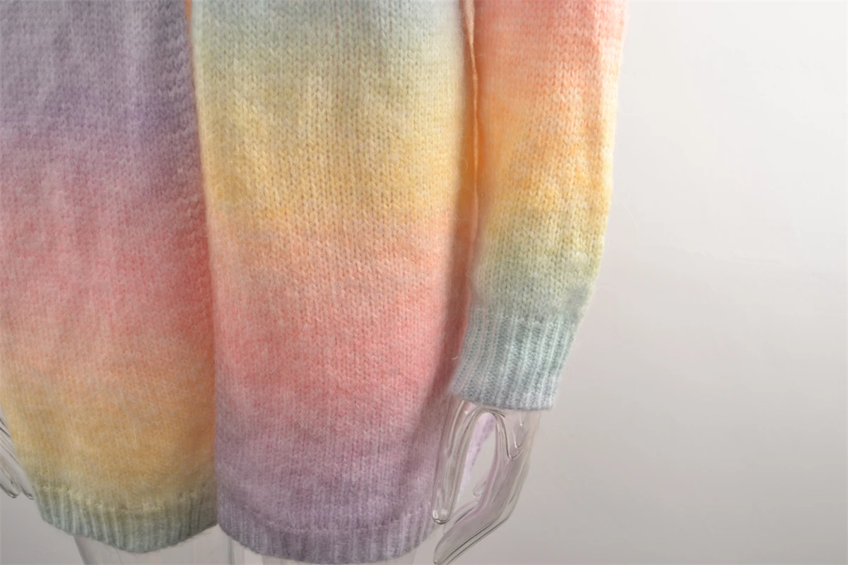 2024 New Winter European American Sweaters Rainbow Tie-dye Mid-length Oversized Cardigan Women Knitwear Jacket Long Sleeved Tops