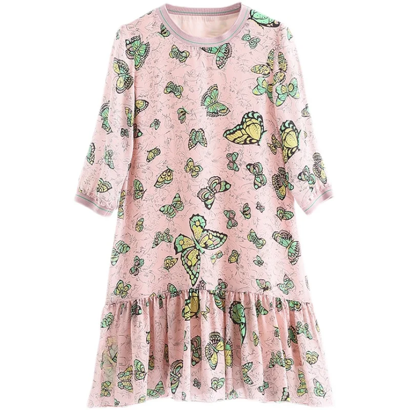 

Summer Women Printed Butterfly Dresses Women Short Sleeve Buttefly Pink Dresses Women Loose Straight Dress