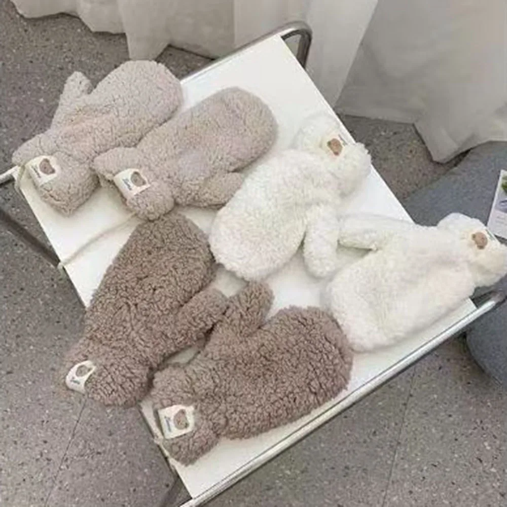 

Cold Protection Mittens Full Finger Gloves Hanging Neck Warm Gloves Winter Cute Bear Keep Warm Thickened Windproof Velvet Gloves