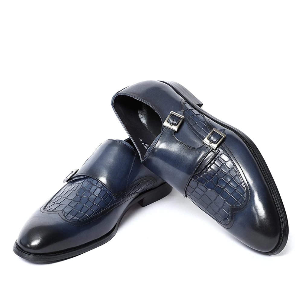 Natural Cow Leather Elegant Man Dress Shoes Stone Pattern Print Monk Double Buckle Strap and Cap Toe Business Party Social Shoes