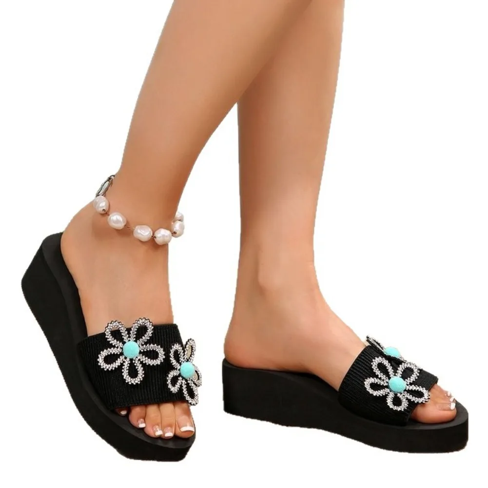 Flower Decor Wedges Sandals for Women Shiny Crystal Thick Sole Chunky Platform Shoes Woman Summer Light Comfort Beach Slippers