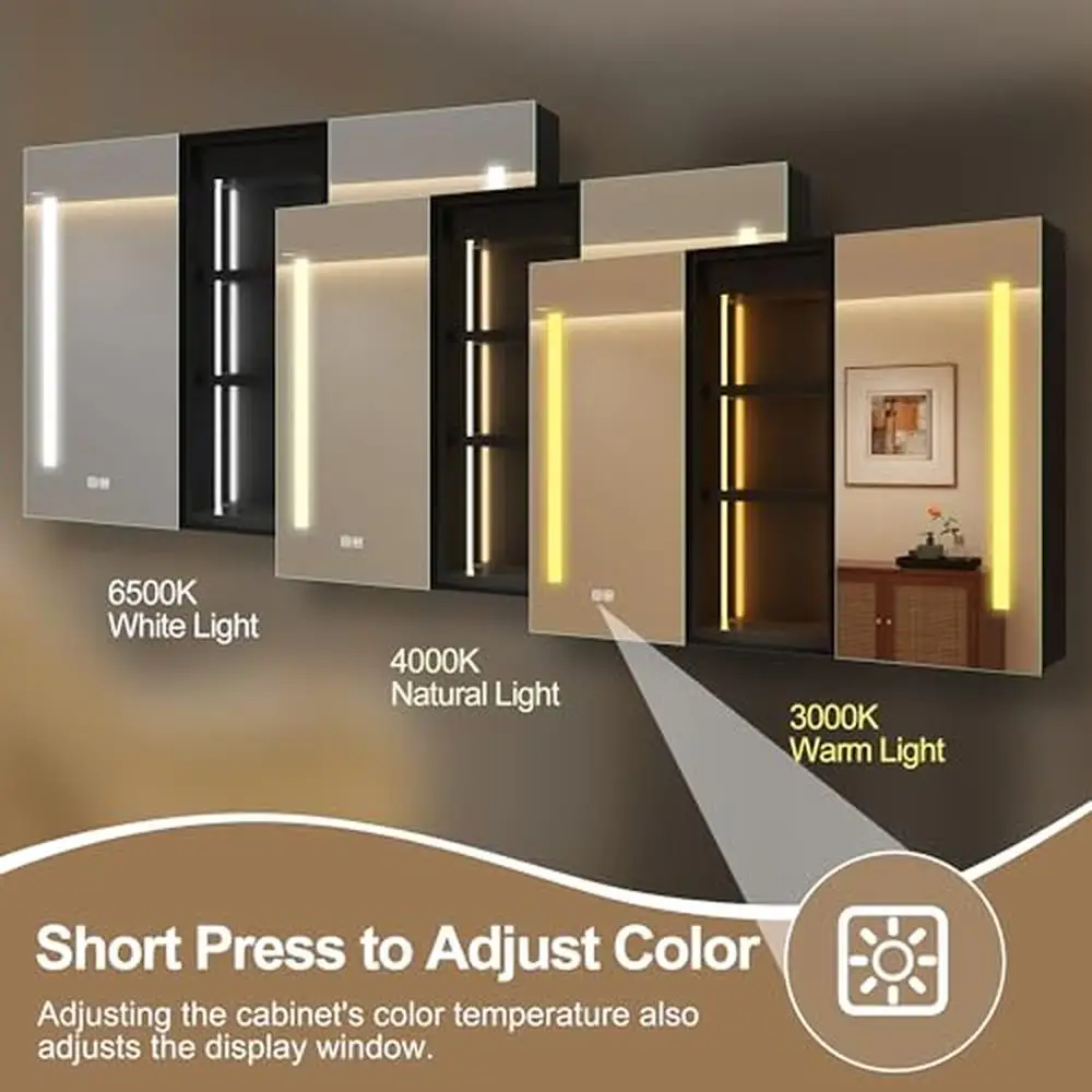 3 Color Adjustment Dimmable LED Mirror Wood Bathroom Medicine Cabinet