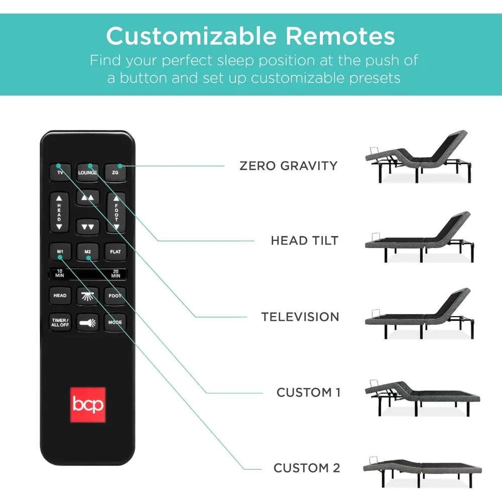 Adjustable Bed Frame, Electric Base w/Wireless Remote Control, Nightlight, Massager, 2 USB Ports, Bed Frames 5