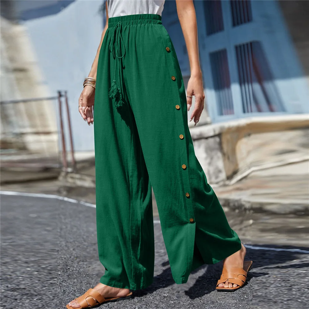 

High-waisted casual pants, solid color, elastic waist, lace-up, loose, wide-leg, European and United States, summer New