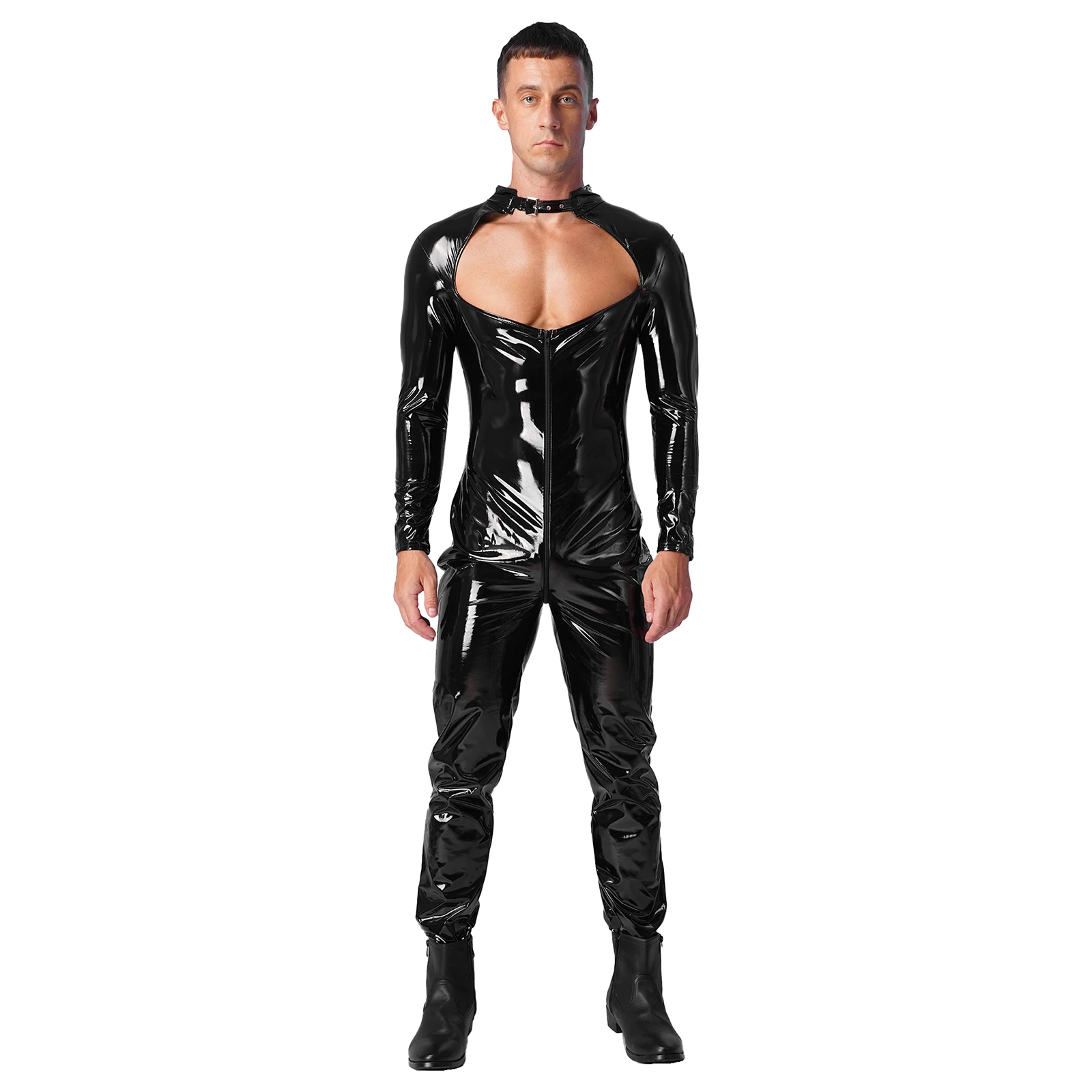 

Mens Sexy Wetlook Patent Leather Jumpsuit Nightclub Dance Cosplay Costumes Long Sleeve Cut Out Zipper Crotch Bodysuit Lingerie