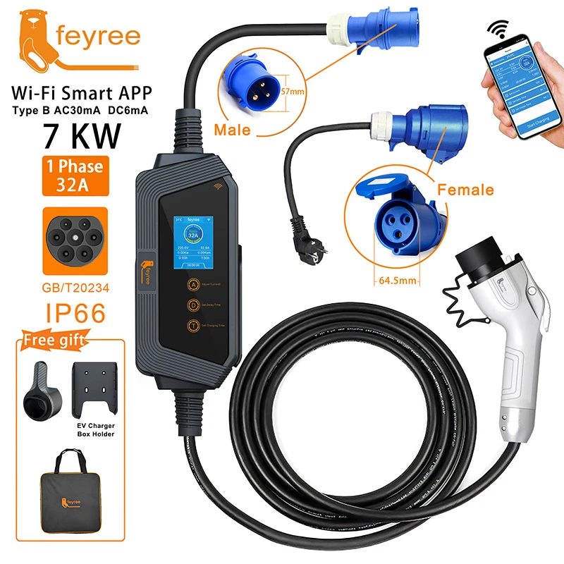 Fey123-Chargeur EV réglable pour véhicule électrique, prise GBT, 7KW, 32A, ensemble version Bluetooth, temps de charge, boîtier de charge EVSE