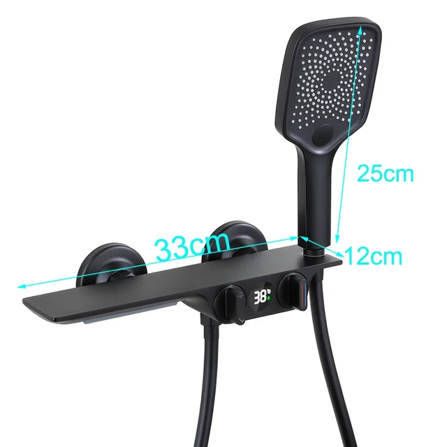 ก๊อกน้ําอ่างอาบน้ําติดผนังสีดําสองฟังก์ชั่นชั้นวางขนาดใหญ่ยาวแสดงอุณหภูมิการไหลของน้ําสร้างไฟฟ้า 6