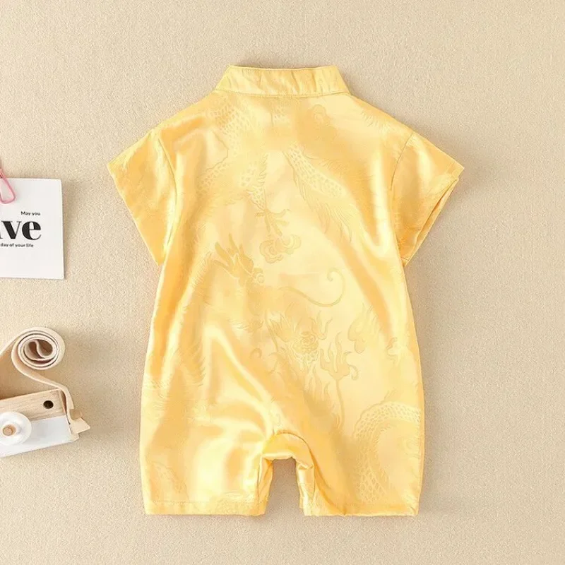Traditional Chinese Satin Dragon Jacquard Short Sleeve Tang Suit Rompers Newborn Baby Unisex Casual Infant Baby Clothes
