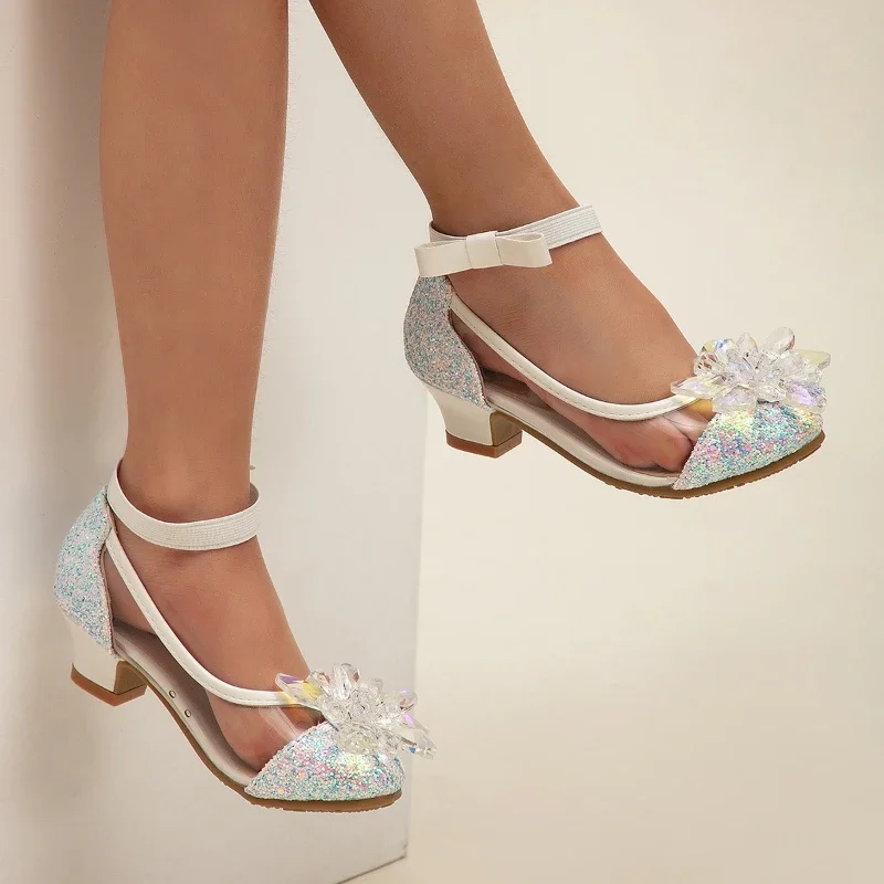 2025 New Girl's High Heel Shoes Ankle-strap Bowknot Children Princess Shoes Fashion Sequins Kids Leather Shoes for Wedding Party 3