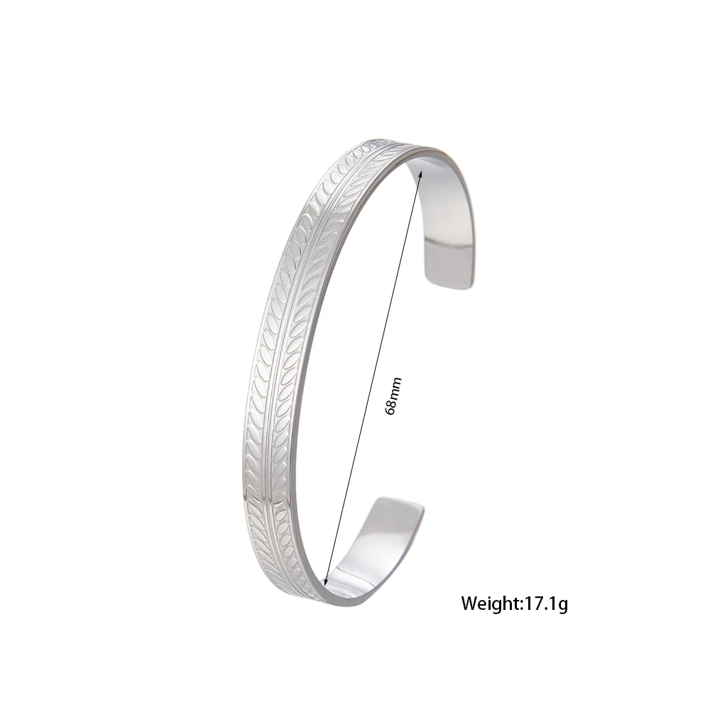 Stainless steel olive leaf pattern C-shaped opening adjustable bracelet, engraved wheat ear pattern men's gold-plated jewelry 4
