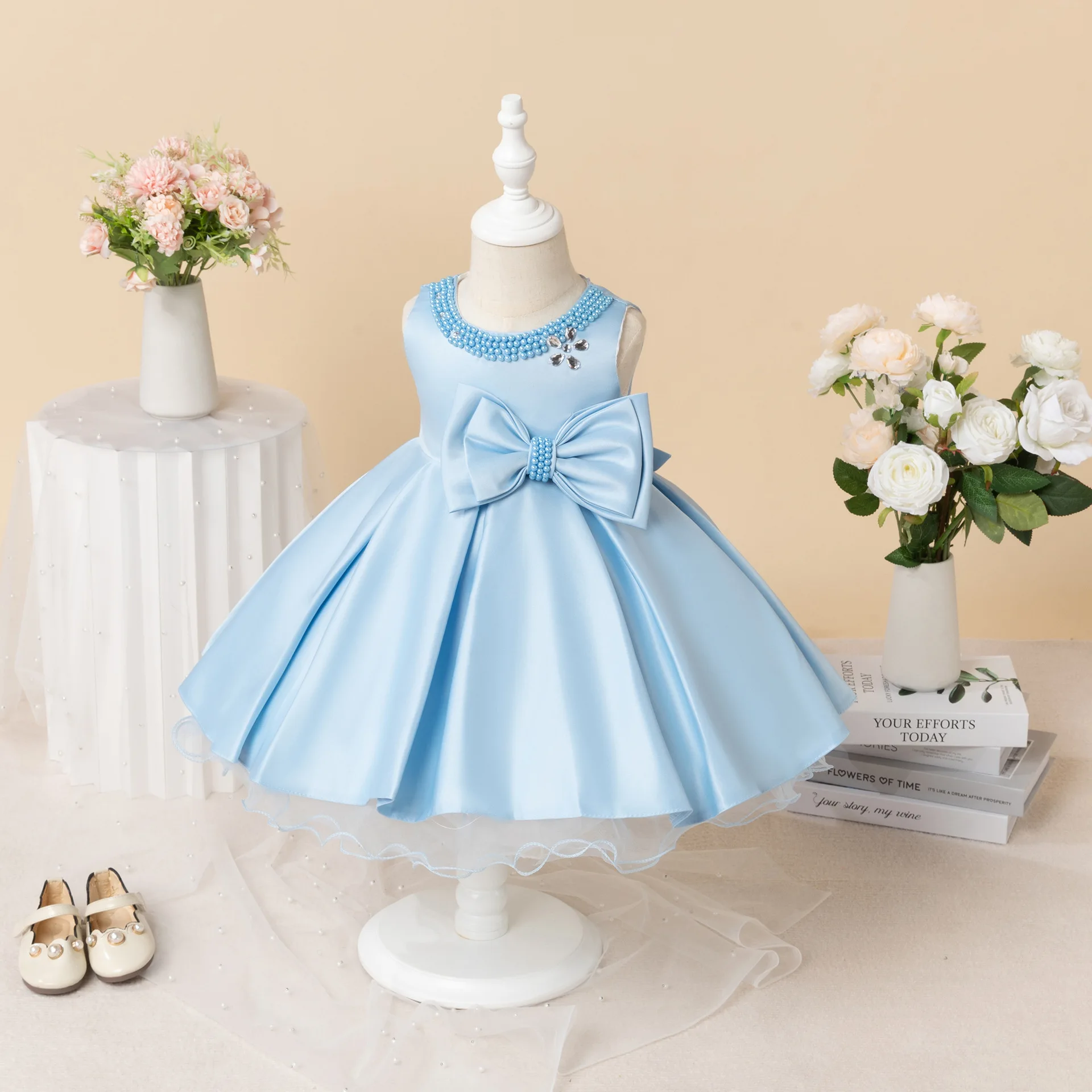 Flower Girl Dresses with Hairband Pearls for Baby Kids Wedding 1st Birthday Pageant Party
