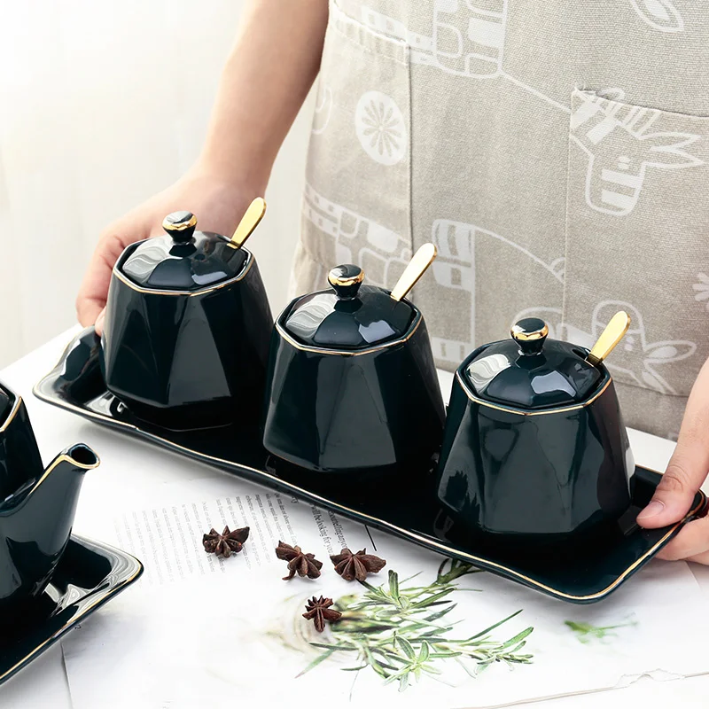 

Nordic Household Ceramic Trace Gold Seasoning Seasoning Pot European-Style Emerald Suit Moisture-Proof Dry Material Pot