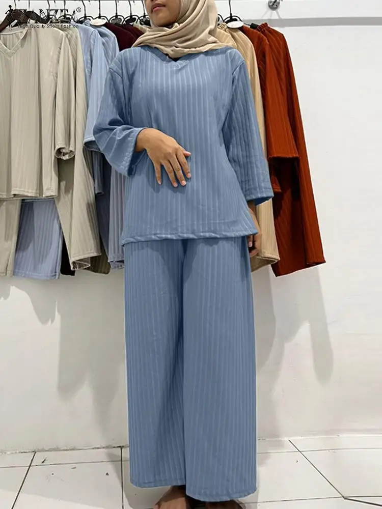 

2024 ZANZEA Fashion Women Muslim Sets Casual Matching Sets 2PCS Solid Eid Mubarek Tracksuit Spring 3/4 Sleeve Blouse Pants Sets