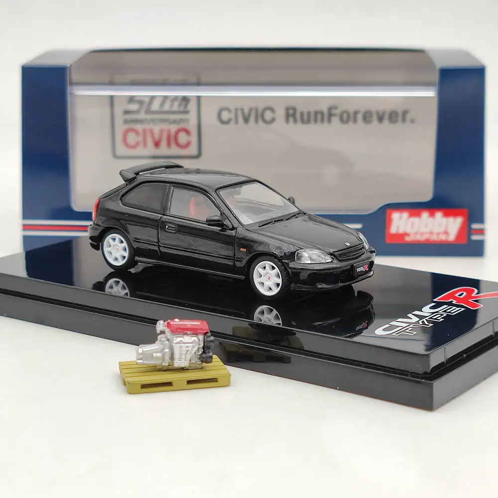 1/64 Hobby Japan for Civic TYPE R (EK9) With Engine Display Diecast Toys Car Model Collection Gifts Black HJ642016BK inno 1 64 sprinter trueno ae86 with carbon doors diecast model car collection limited edition hobby toys