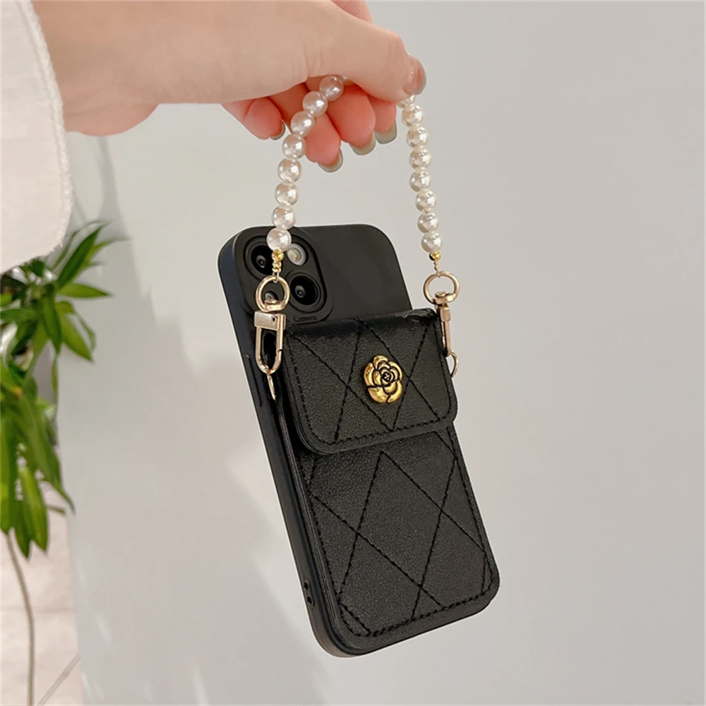 Korea 3D Kamelie Blume Karte Tasche Perle Kette Silikon Weiche Fall Für iPhone 16 15 14 Pro Max 13 12 11 X XR 8 Plus Stoßfest Abdeckung_voghion.com