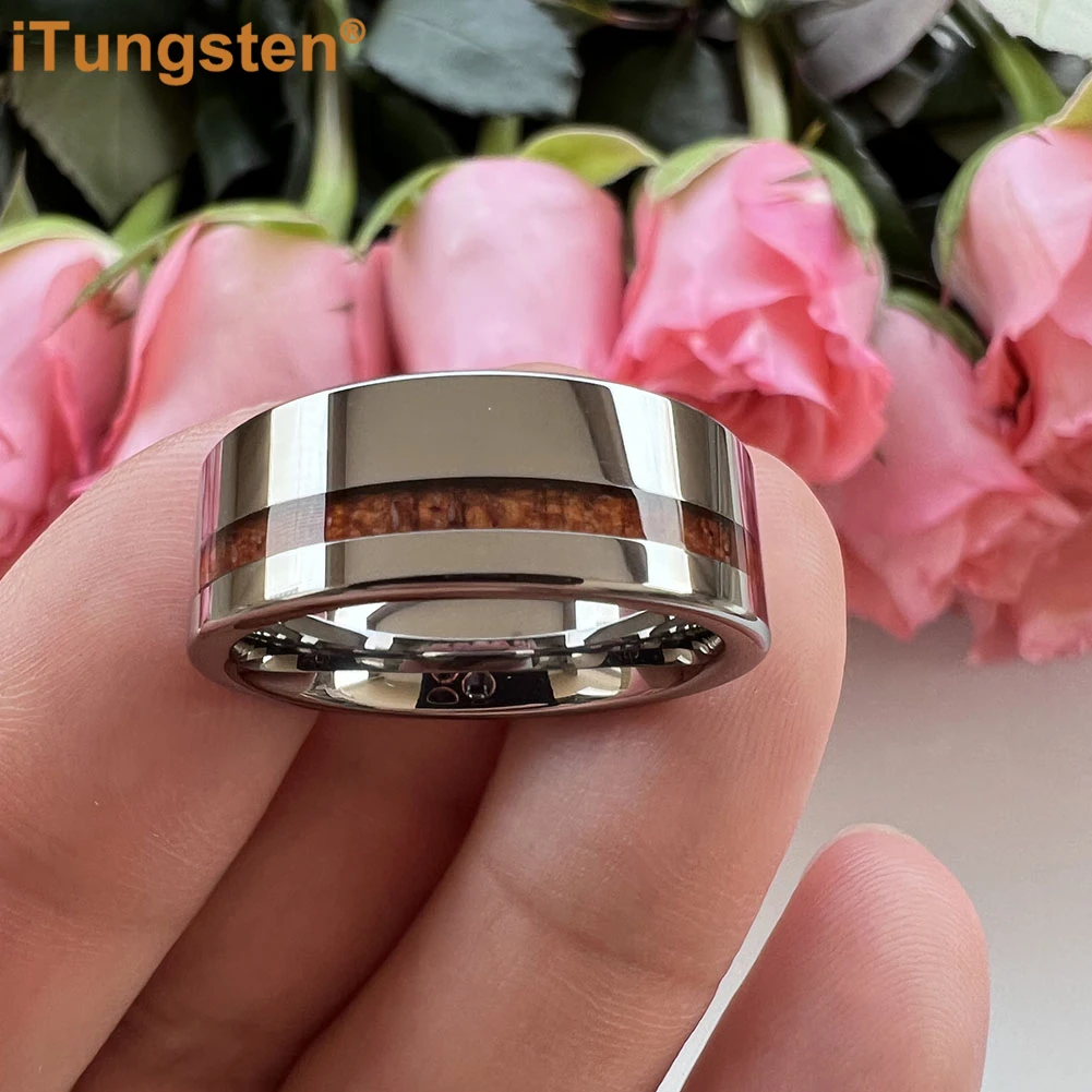 iTungsten 8mm Men Women Classic Tungsten Carbide Ring Flat Wedding Band With Real Wood Inlay Comfort Fit 3
