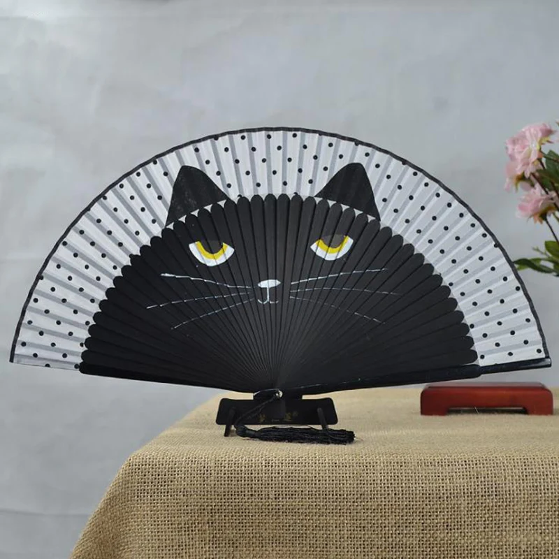 Folding Fan Cat Chinese Cartoon Silk Japan Style Handheld Women Girls Kitty Fan