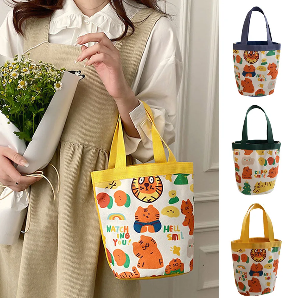 

Cute Mini Bucket Bag Women Fashion Cartoon Handbag Girl Lovely Tiger Rabbit Printing Handheld Cylinder Canvas Lunch Handbags