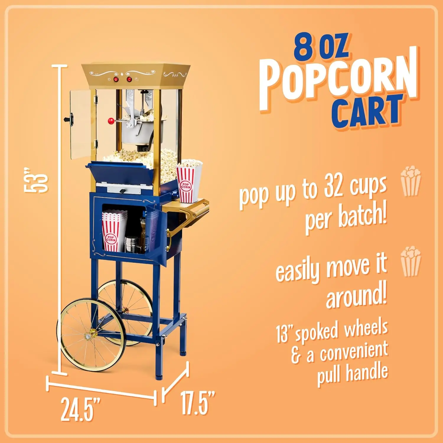 Popcorn Maker Machine-Professional Cart With 8 Oz Kettle Makes Up to 32 Cups-Vintage Popcorn Machine Movie Theater