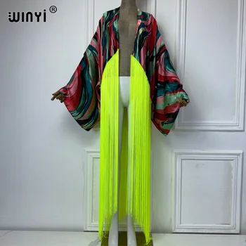WINYI kimono boho fashion summer beachwear summer Classic print Bikini Cover-up Cardigan sexy Holiday long Sleeve tassels dress 1