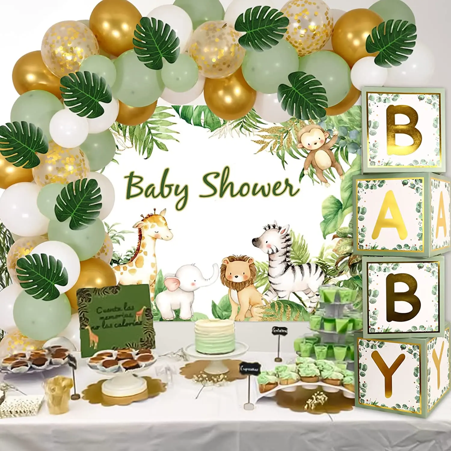 Sage Green Jungle Baby Shower Decorations Jungle Safari Wild Animals Backdrop  Forest Theme Balloon Arch Kit with Balloons Boxes
