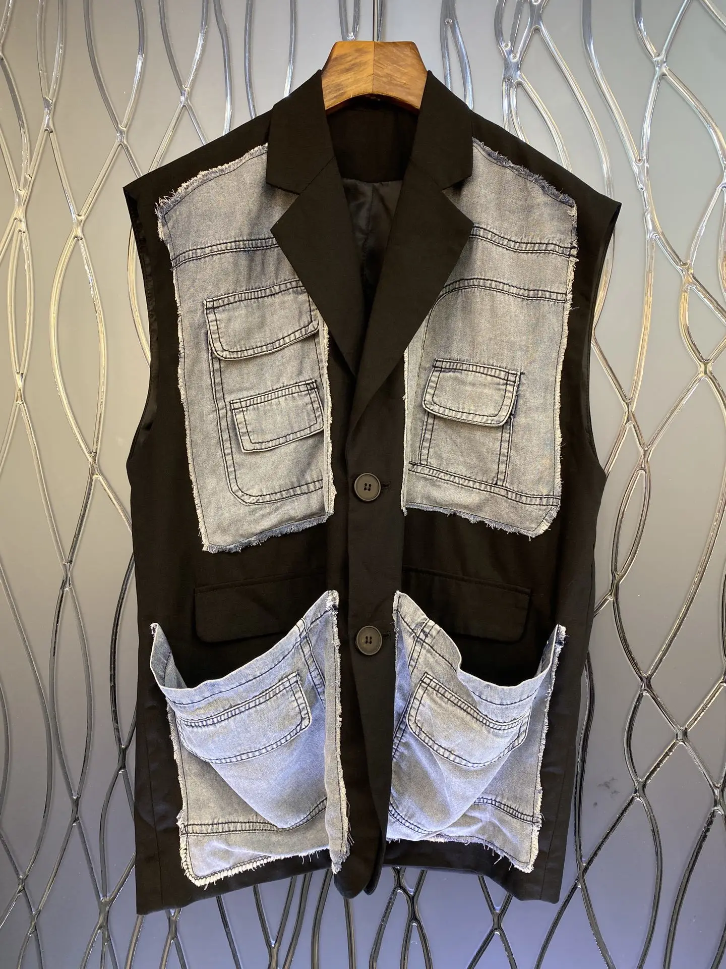 

Зимняя и осенняя Новинка 2023, женская одежда, джинсовый жилет в стиле пэчворк с карманами и лацканами, 1012