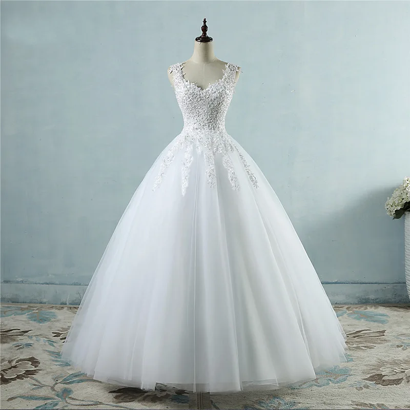 

White Ivory Tulle Wedding Dresses Pearls Bridal Dress Marriage Customer Made Ball Gown Spaghetti Straps Vestidos