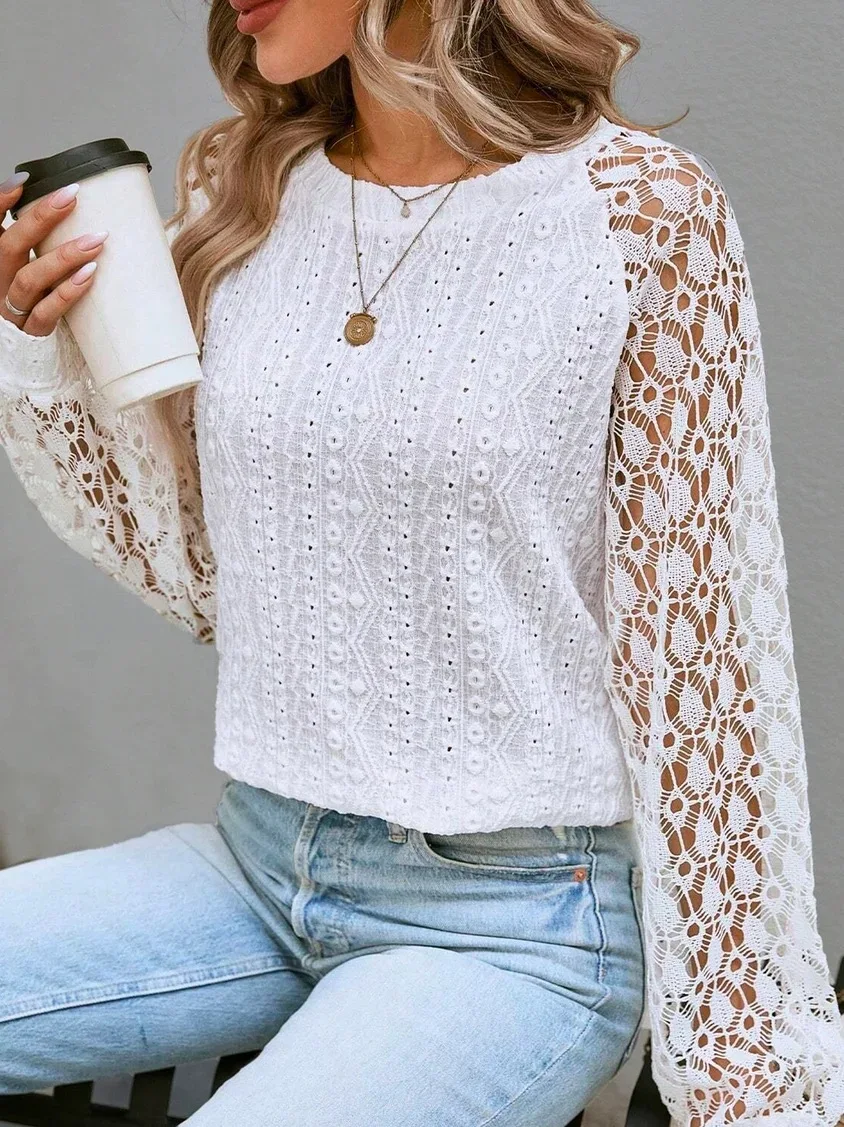 

Elegant Women's Long Sleeve White Shirt Round Neck Lace Splice Blouse Women Tops Blusa Grande Mujer Camicia Donna Maglia Donna