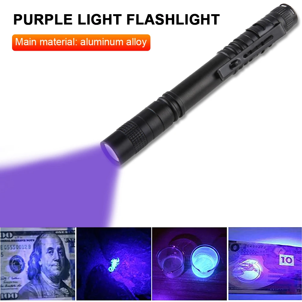 395nm 3W Mini UV Pen Light IPX4 Waterproof LED Pen Flashlight with Clip Banknote Pet Urine Stains Detector Pocket Torch Lamp