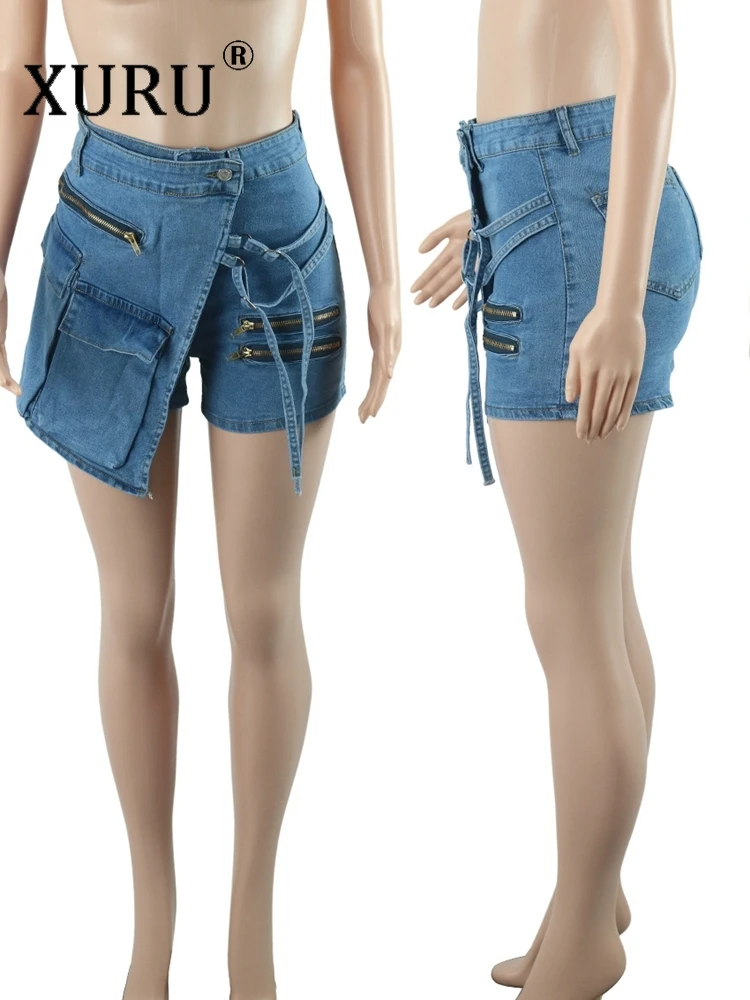 XURU-Multi-pocket Cargo Denim Shorts for Women, Elastic Irregular Booty Jeans, Street Fashion, Y2K, Summer, 2024