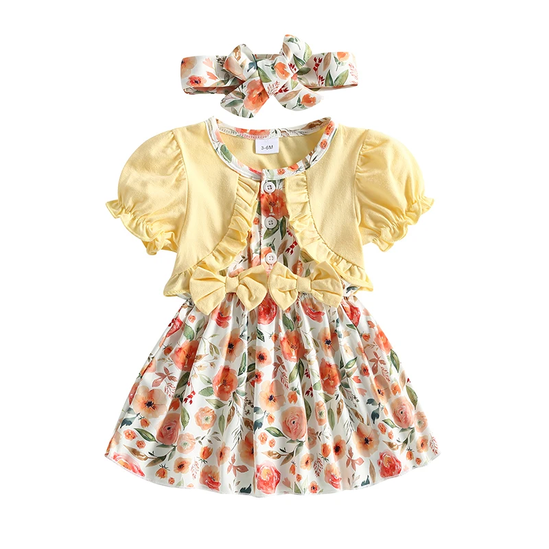 

Infant Girls Princess Dress Flower Print Patchwork Crew Neck Short Puff Sleeve Summer Cute Fake Two-Pieces Dress with Headband