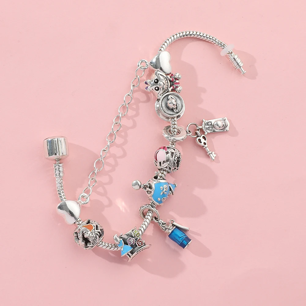 Fit Pandora Disney Alice in Wonderland The Mad Hatter Tea Party Charms  Bracelet Women Jewelry Accessories Cheshire Cat Beads DIY