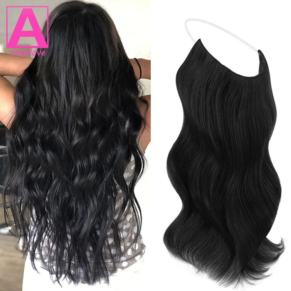 

Straight Wire Hair Extensions #1B Fish Line Natural Hair with Adjustable Size 4 Secure Clips 16-26 Inches Hair Pieces for Women