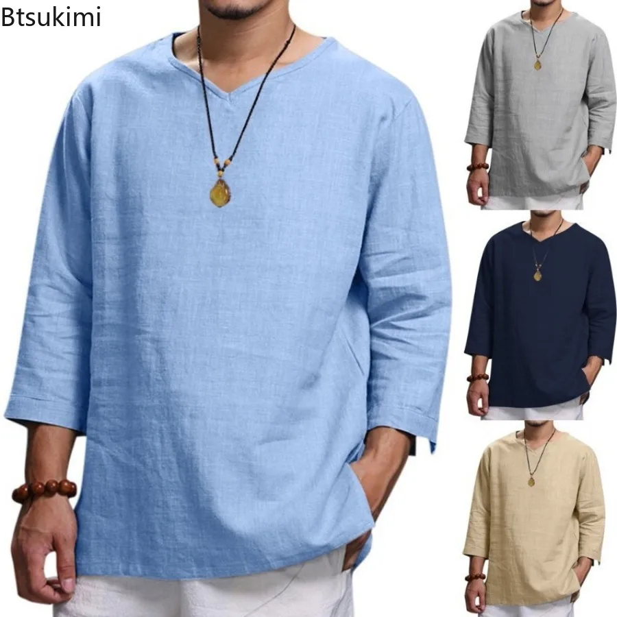 2025 New Men's Solid Casual Blouse Cotton Linen Shirt Loose Tops Long ...