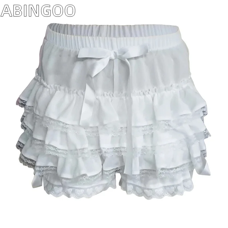 ABINGOO Lace Ruffled Flower Shorts Layered Pumpkin Pants Lolita Dress Safety Shorts Bow Thin Cake Multi-Layer Pleated Lace Pants