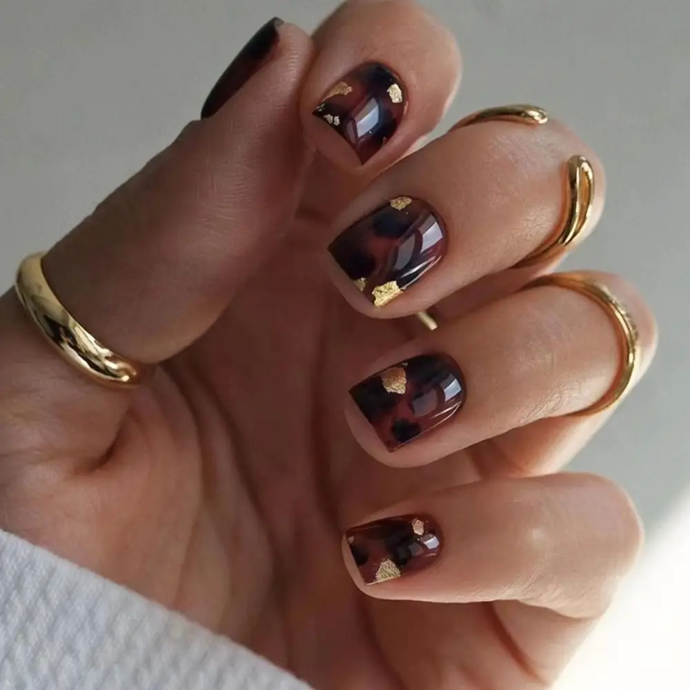 패션 짧은 라운드 인조 손톱 프렌치 그라데이션 핑크 가짜 손톱 석양 가을 풀 커버 네일 팁 살롱용