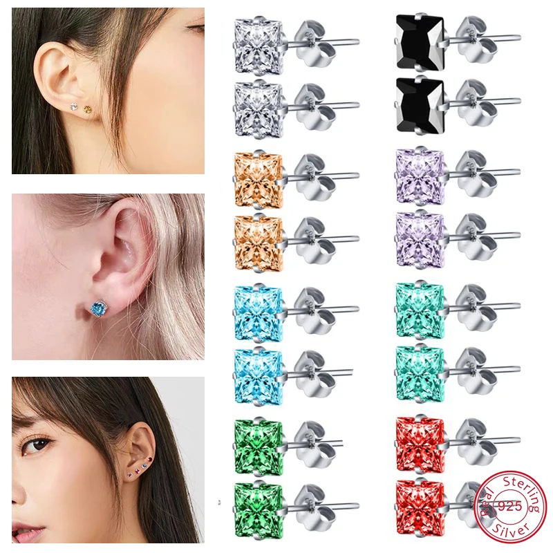 

ZEMO 1 Pair Zirconia Stud Earring for Women S925 Silver Ear Stud Lake Blue Purple Crystal Earring Helix Cartilage Piercing 3-7mm