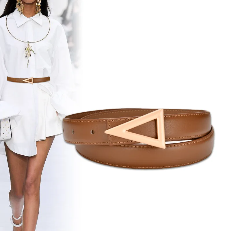 

Leather Belt Women's Retro Metal Triangle Buckle Belt Women's Simple Temperament Cowhide Dress Decoration Jeans Solid Color Belt
