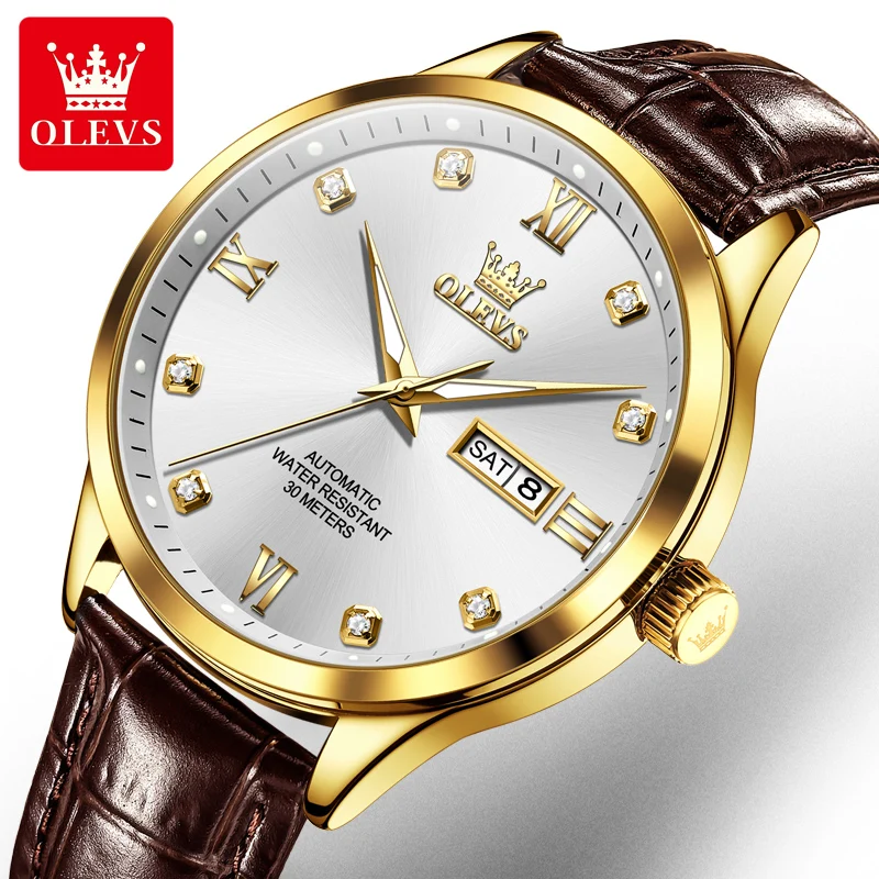 OLEVS 9946 Original Men Automatic Watch Fashion Business Dual Calendar Mechanical Watch For Men Waterproof Luxury Man Wristwatch