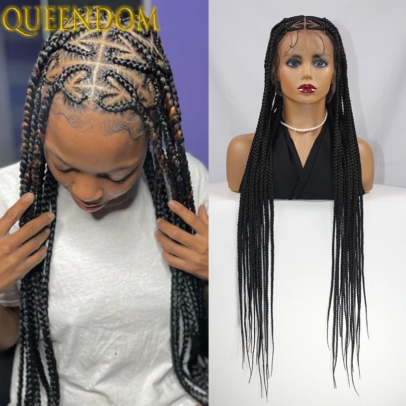 

36 Inch Synthetic Full Lace Braided Wig Knotless Heart Part Braided Wig With Baby Hair Handmade Cornrows Braids Lace Frontal Wig