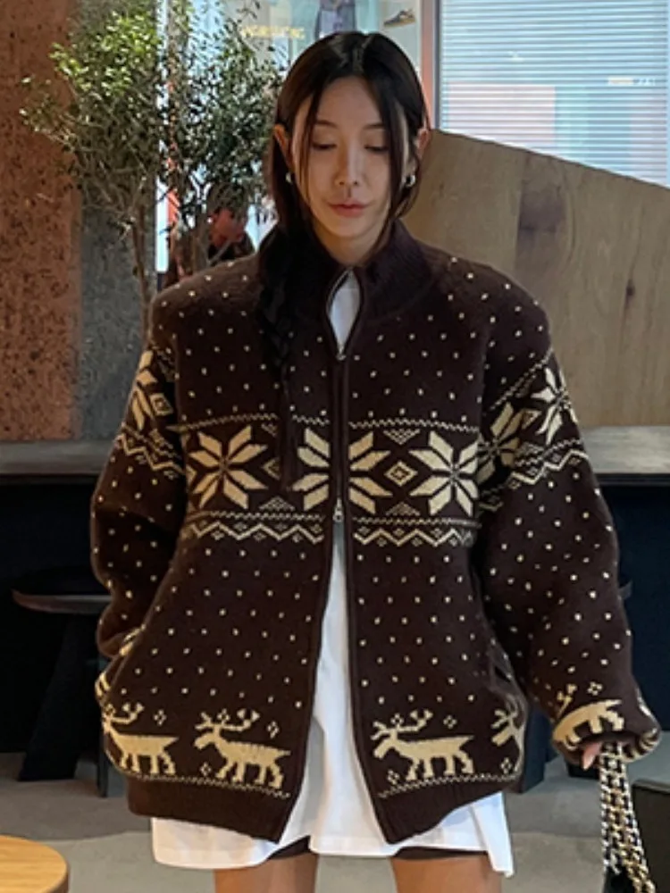 Retro Lazy Sle Cisas Snowflake Embroidery Color Blo Long Sve Loose Sweater Coat Women Autumn Winter Chic Commute S...