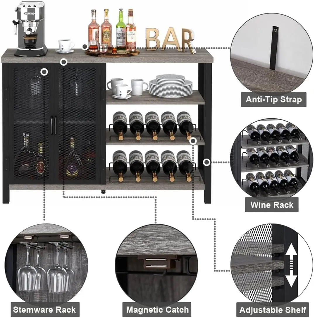 BON AUGURE Industrial Home Bar Cabinet with Wine Rack, Rustic Liquor Cabinet Bar for Home, Coffee with Storage