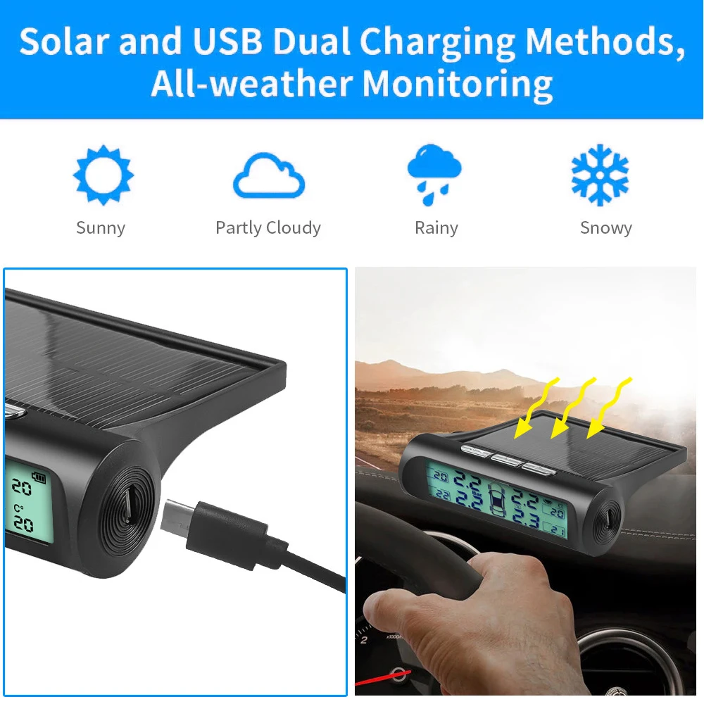 Intelligent Solar TPMS Car Tire Pressure Alarm Digital Display 4 External Sensors Waterproof Tire Pressure Temperature Warning