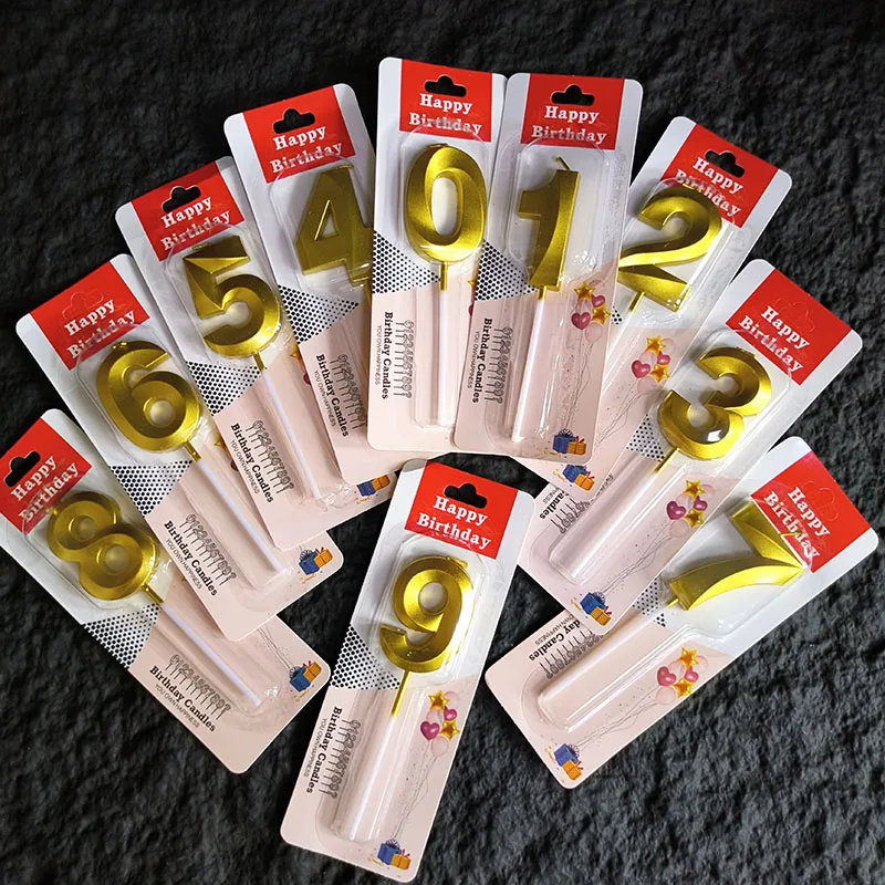 1Pc 0-9 Number Birthday Candles 3D Design Golden Smokeless Cake Decoration Candle Topper For Birthday Anniversary Celebration
