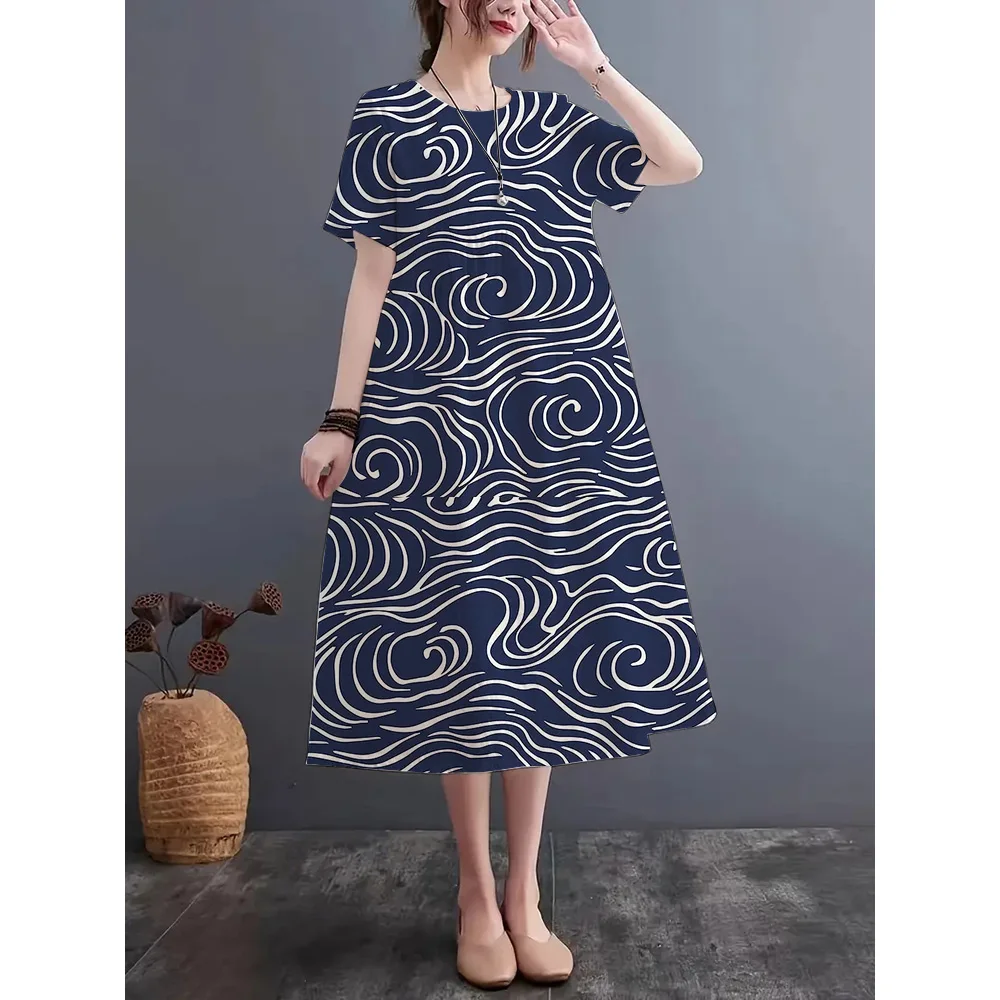 2024 Summer Fashion New Imitation Linen Fabric Dress Printing Craft girocollo manica corta Dress S-5XL sciolto e confortevole