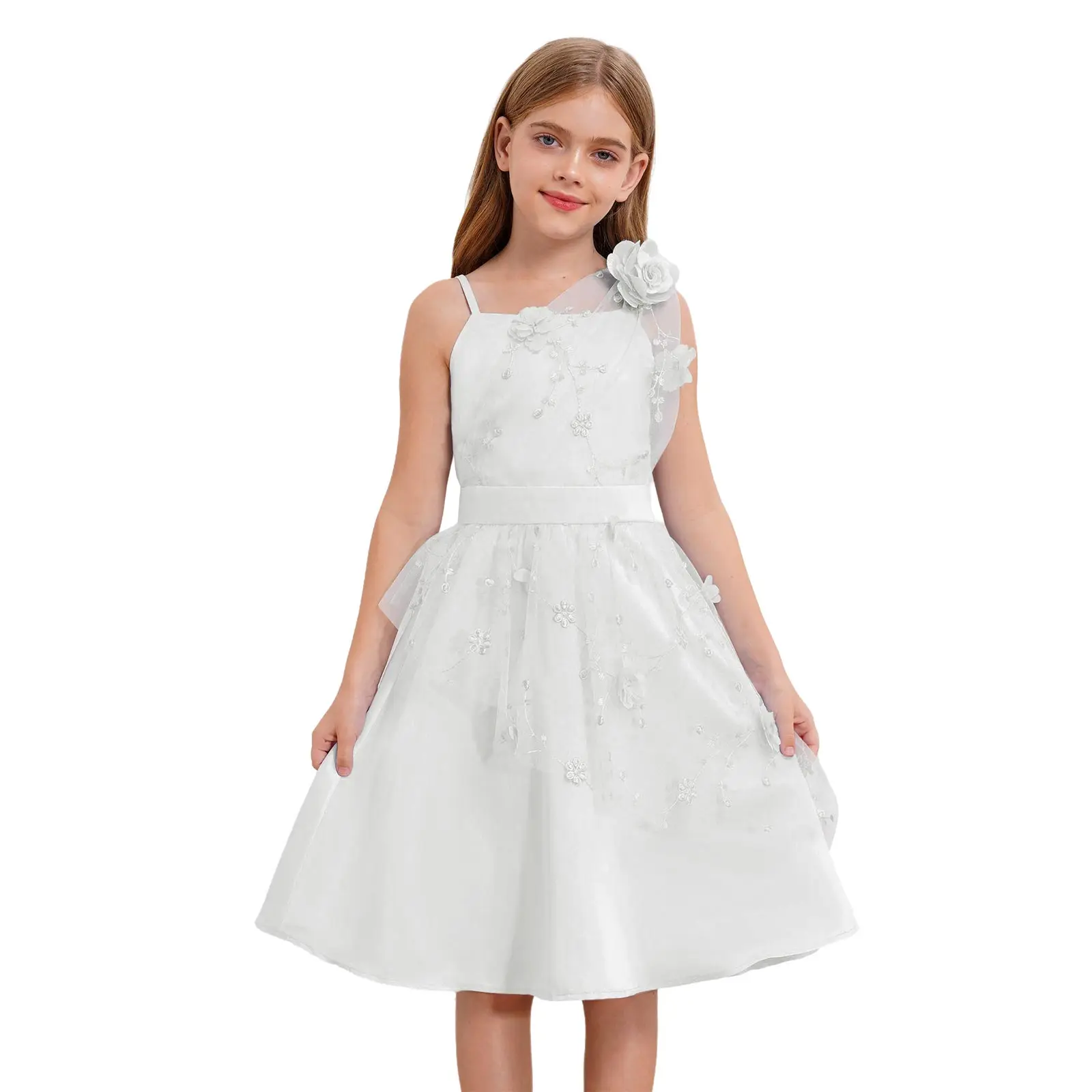 Kinder Blumenmädchen Blumen besticktes Tüllkleid Spaghettiträger hohe Taille Kleider formelle Hochzeit Geburtstag Party Abendkleid – Detail 18