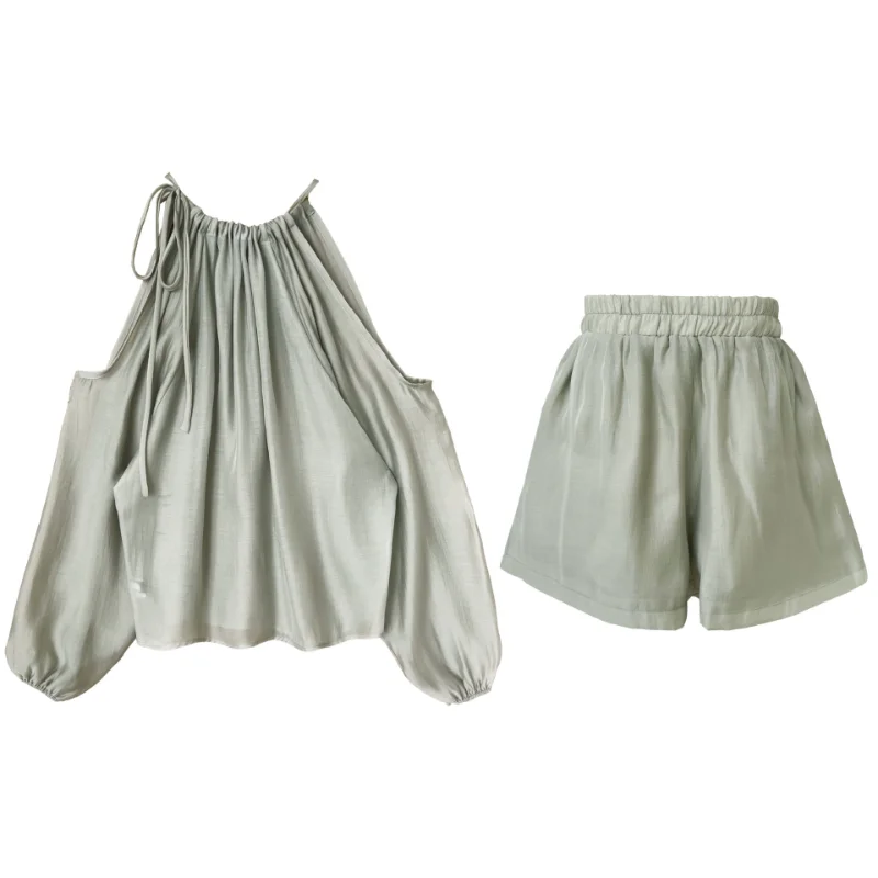 

Summer Dresses for Women 2023 Long Sleeved Off Shoulder Round Neck Pleated Sunscreen Shirt Top+high Waisted Shorts Two-piece Set