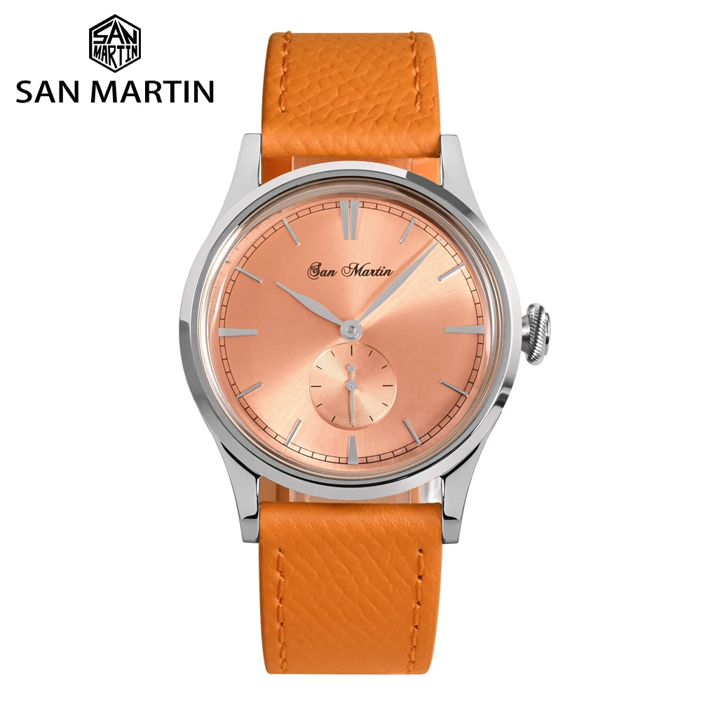 San Martin Mens Dress Watch 38mm Sunray Salmon Dial Ronda 715/6004 Quartz Movement Vintage Simple Watches 5 Bar Leather Strap 1