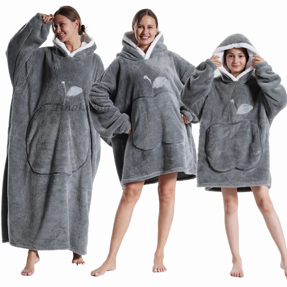 Soft Flannel Apple Emboridery Winter Warm Flannel Wearable TV Blankets Kids Bathrobe Family Matching Oversized Hoodies Sherpa